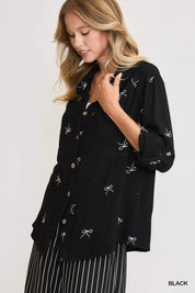 Umgee Linen Blend Fitted Shirt with Ribbon Embroidery Details | Shirts Daverri Fashions