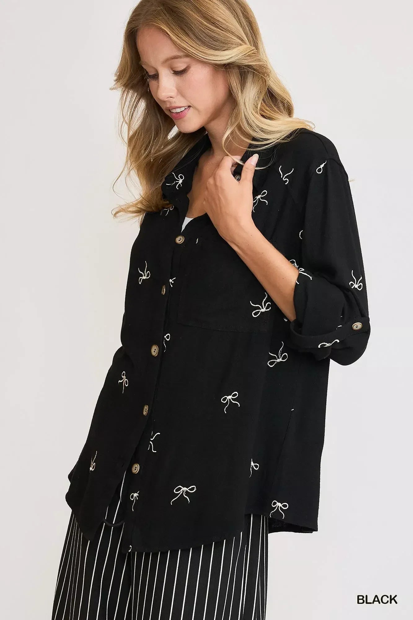 Umgee Linen Blend Fitted Shirt with Ribbon Embroidery Details - DAVERRI FASHIONS