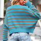 Striped Round Neck Drop Shoulder Slit Sweater - DAVERRI FASHIONS