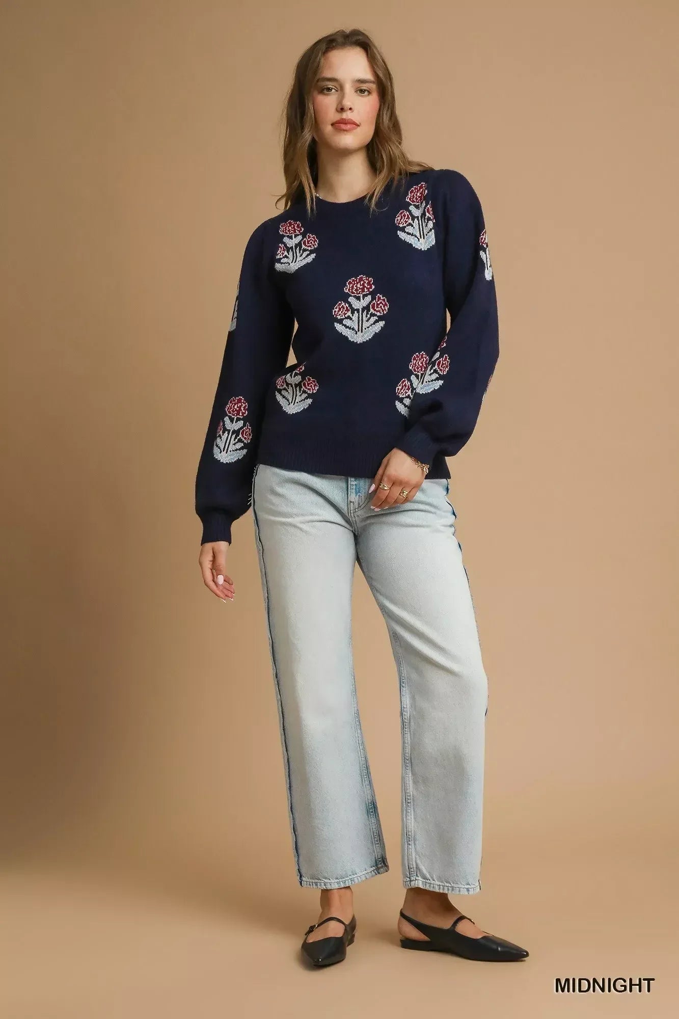 Umgee Floral Knit Sweater with Puff Sleeves - DAVERRI FASHIONS