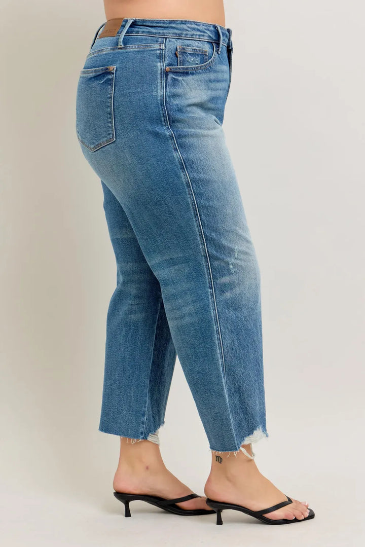 Judy Blue Plus Size High Waist Rigid Magic Destroy Hem Crop Wide Jeans