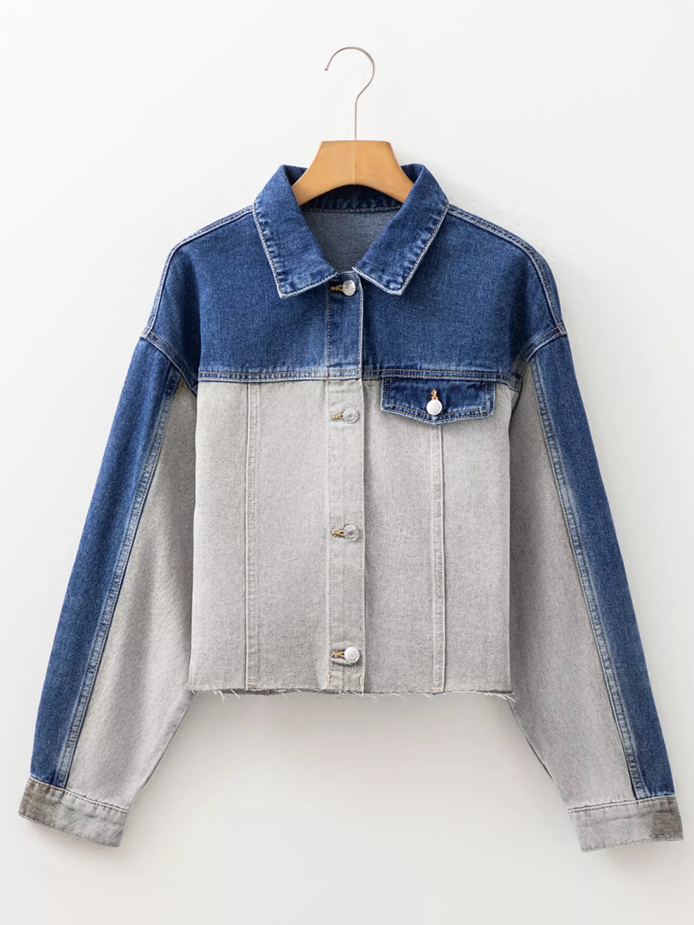 Color Block Patchwork Raw Hem Denim Jacket | Denim Jackets Daverri Fashions