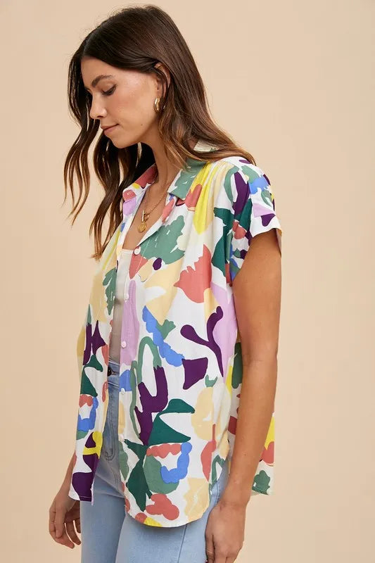 Annie Wear Multi Color Button Down Pleated Shoulder Top