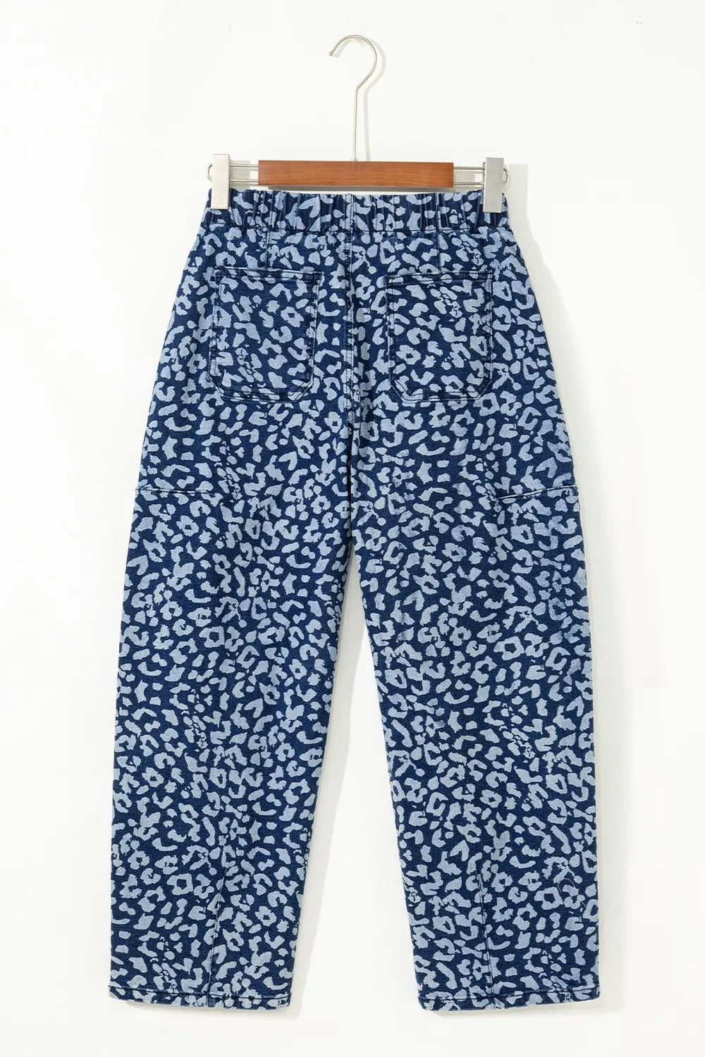 Blue and white leopard print pajama pants with elastic waistband