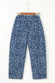 Blue and white leopard print pajama pants with elastic waistband