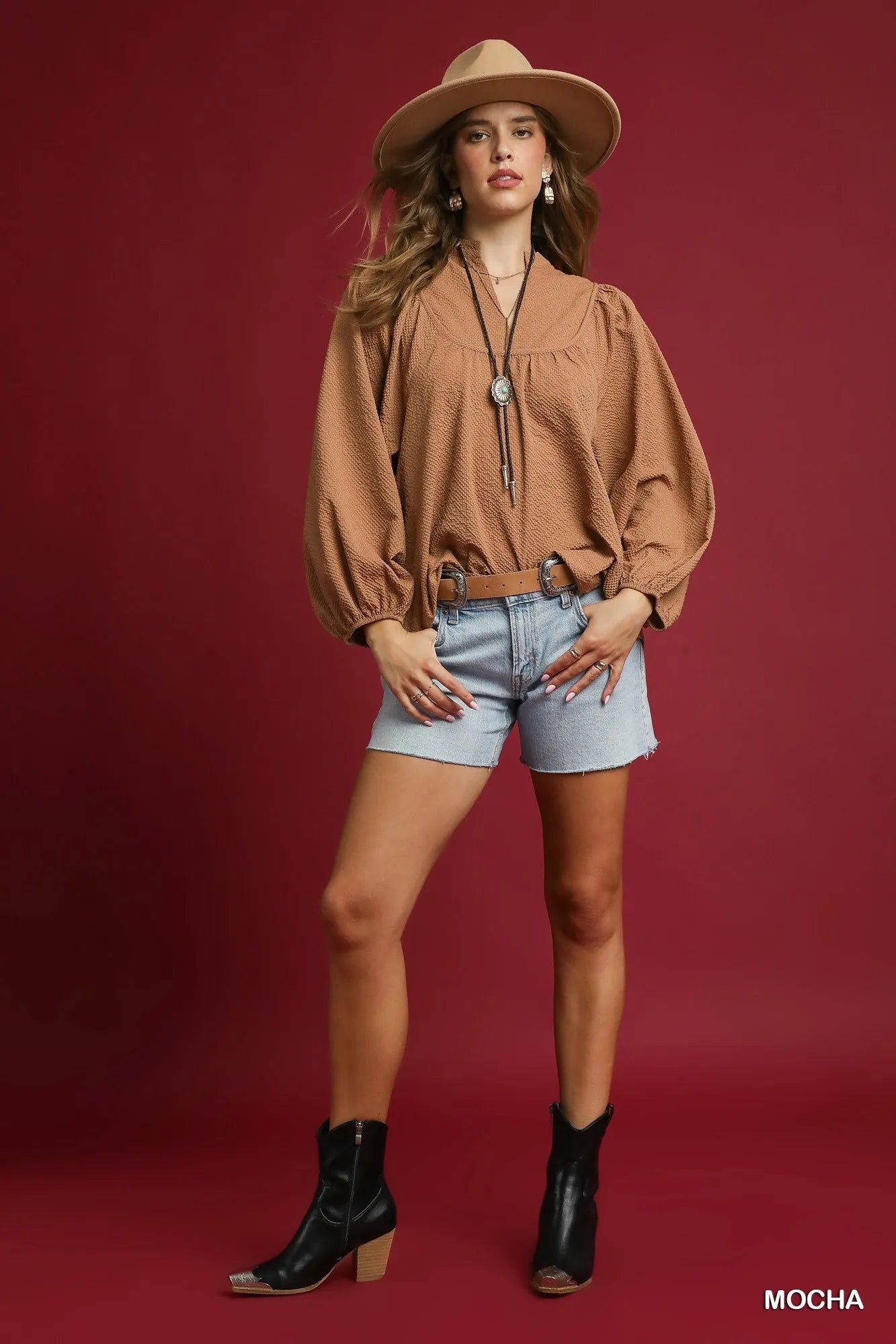Umgee Textured Notched Blouse with Balloon Sleeves Mocha | Blouses Daverri Fashions