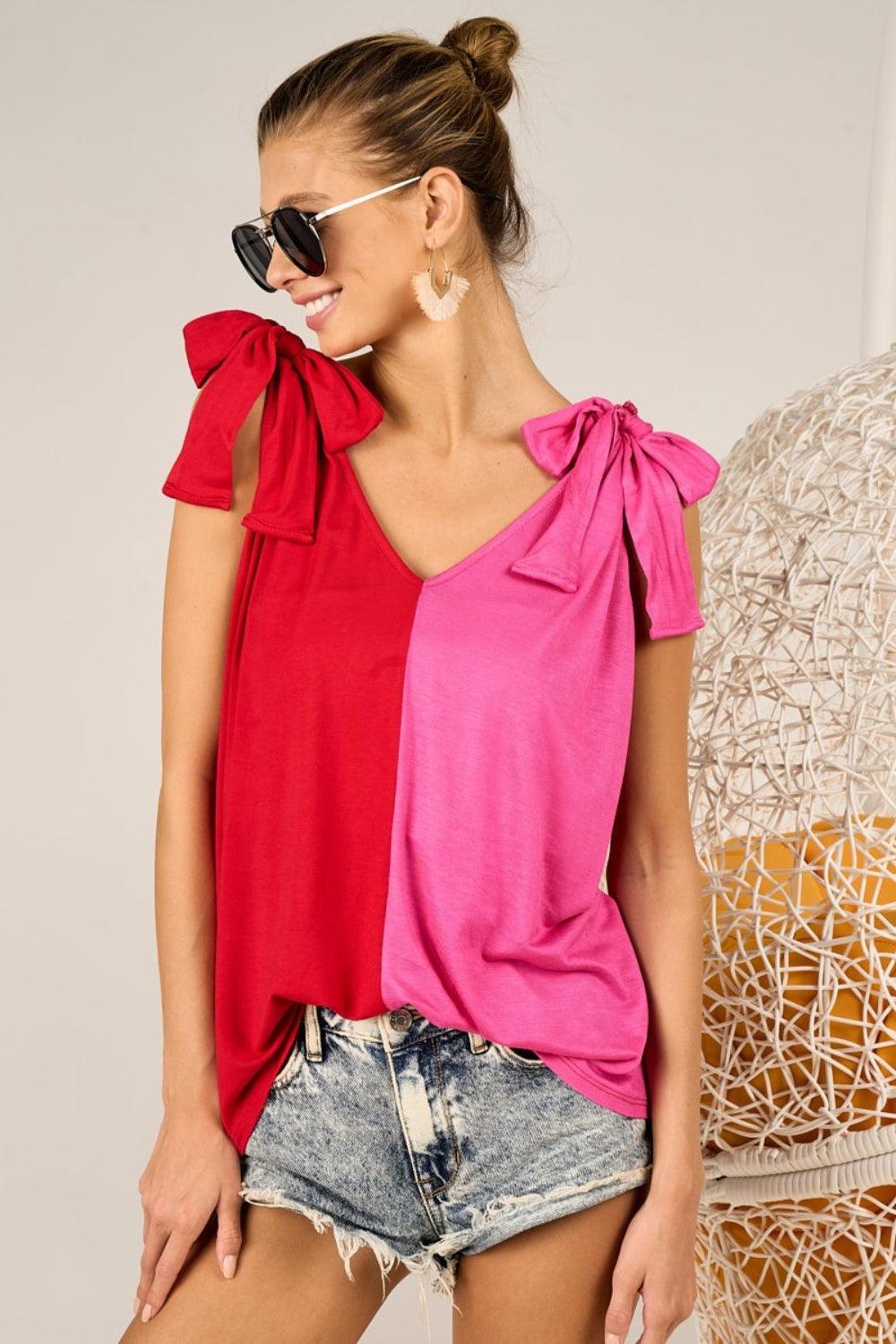 BiBi Shoulder Ribbon Tied Contrast Tank Tank Tops