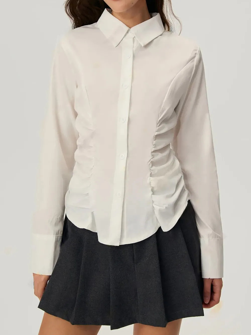 Ruched Button Down Long Sleeve Shirt | Shirts Daverri Fashions