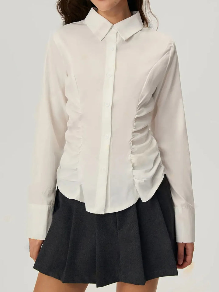 Ruched Button Down Long Sleeve Shirt | Shirts Daverri Fashions