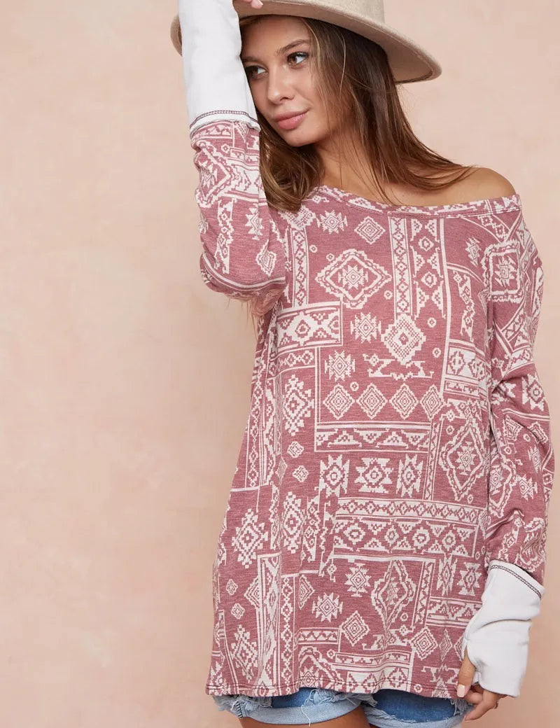 BiBi Aztec Print French Terry Top with Thumb Opening | Tops Daverri Fashions