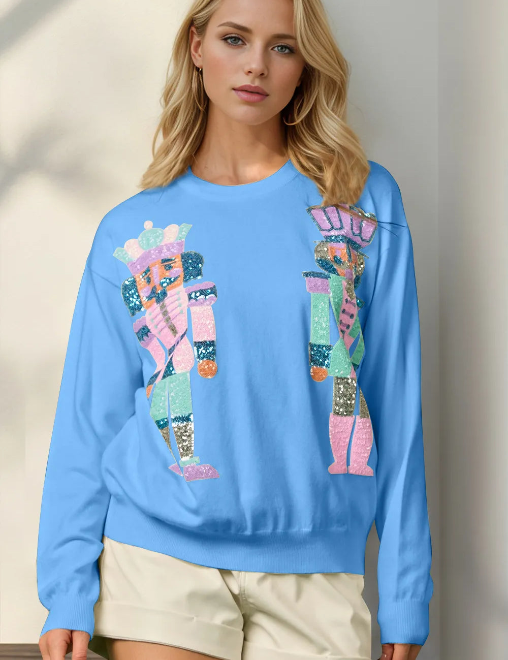 Sky Blue Double Take Full Size Sequin Nutcracker Long Sleeve Sweater | Sweaters Daverri Fashions