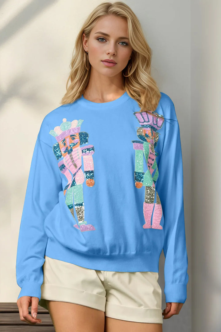 Sky Blue Double Take Full Size Sequin Nutcracker Long Sleeve Sweater | Sweaters Daverri Fashions
