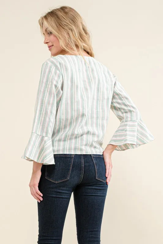 And The Why Stripe Tie Knot Front Bell Sleeve Top | Blouses Daverri Fashions