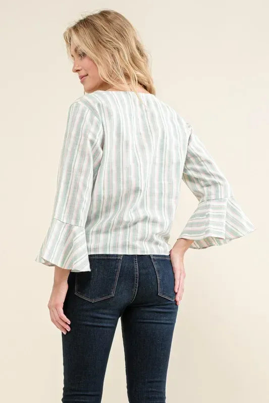 And The Why Stripe Tie Knot Front Bell Sleeve Top - DAVERRI FASHIONS