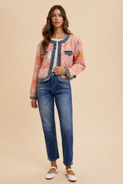 Annie Wear Floral Jacquard Denim Contrast Button Down Jacket Tops