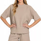 Zenana beige ribbed knit loungewear set with tee and shorts