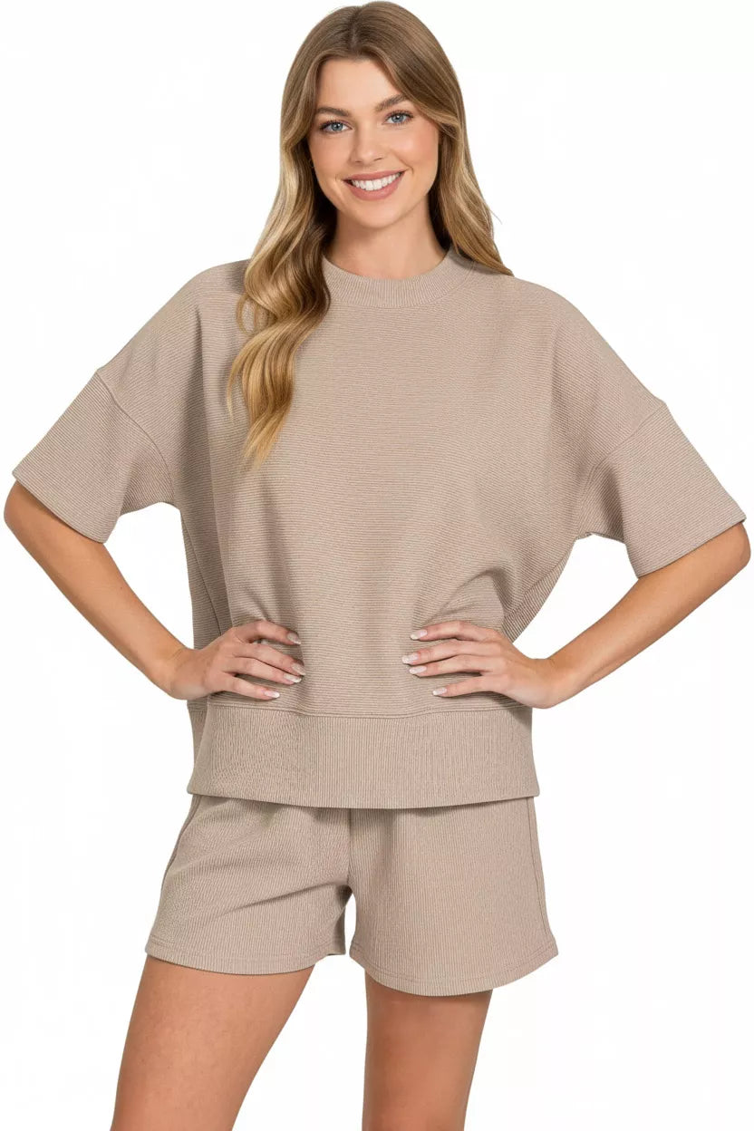 Zenana beige ribbed knit loungewear set with tee and shorts