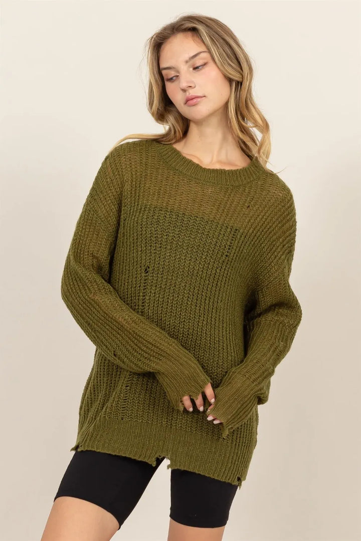 HYFVE Distressed Long Sleeve Knit Top | Knit Tops Daverri Fashions