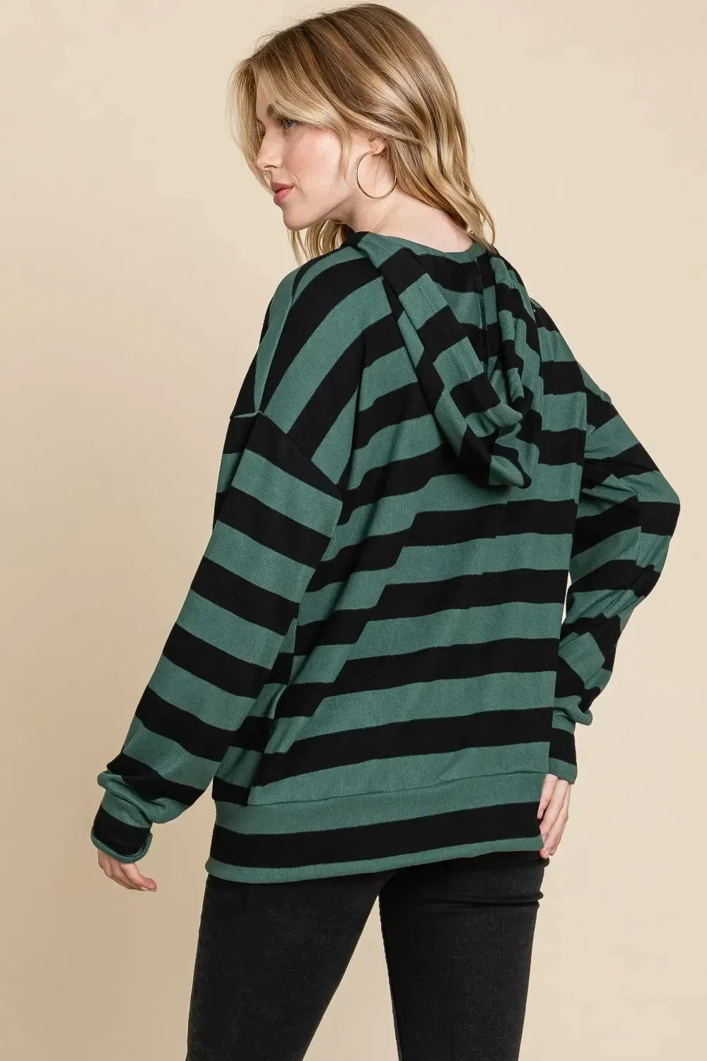 BOMBOM Drawstring Striped Dropped Shoulder Hoodie - DAVERRI FASHIONS