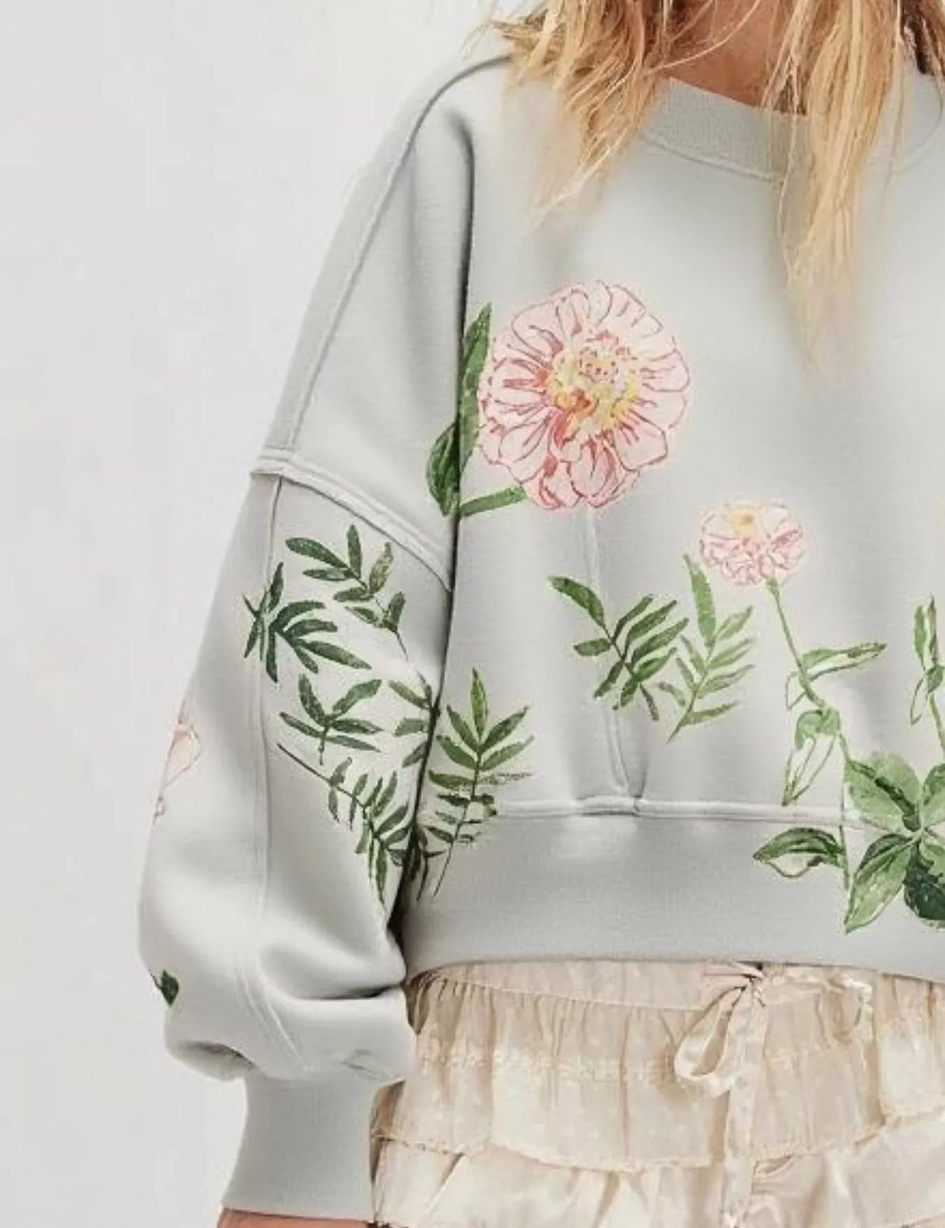 Printed Round Neck Dropped Shoulder Sweatshirt | Sweatshirts Daverri Fashions