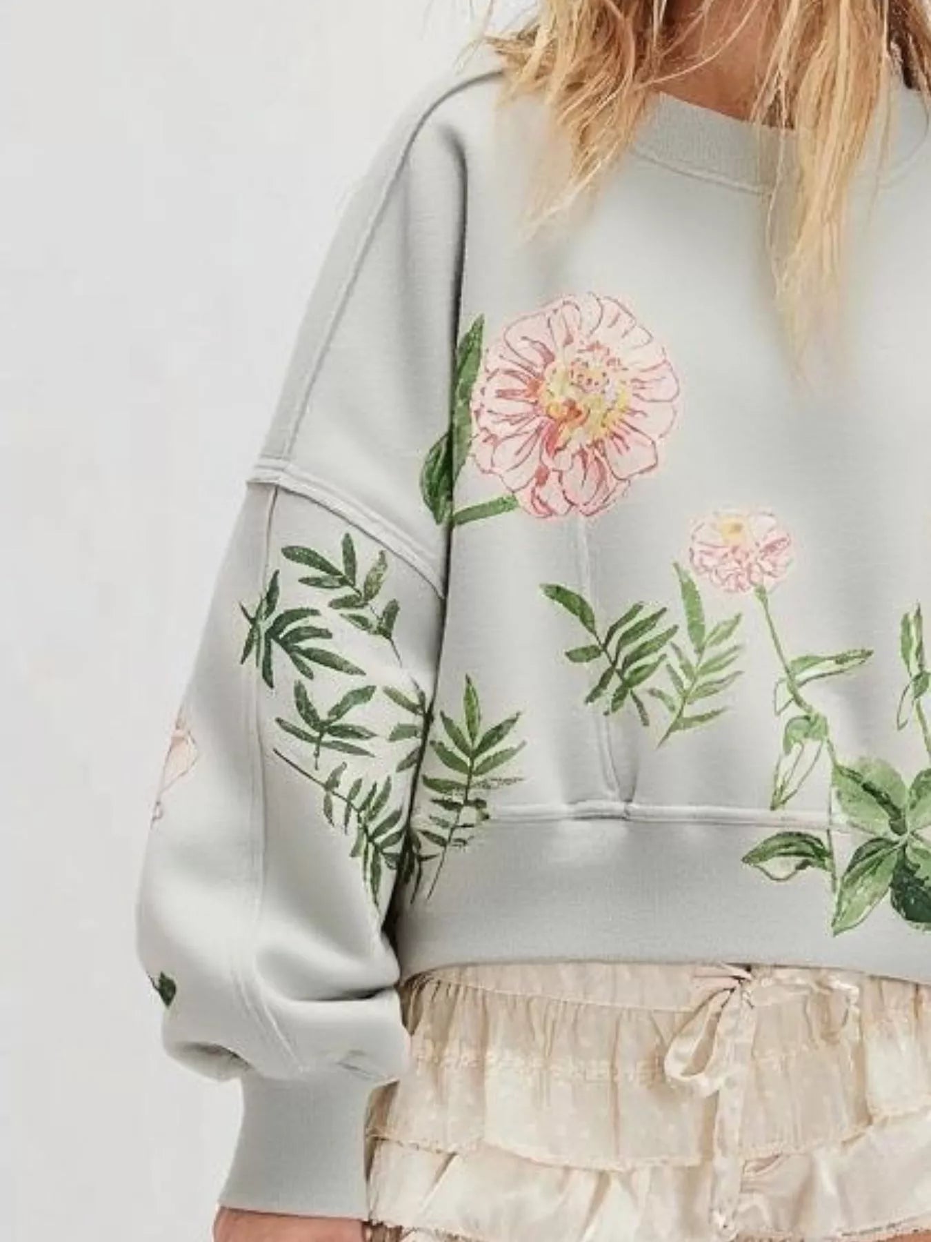 Printed Round Neck Dropped Shoulder Sweatshirt | Sweatshirts Daverri Fashions