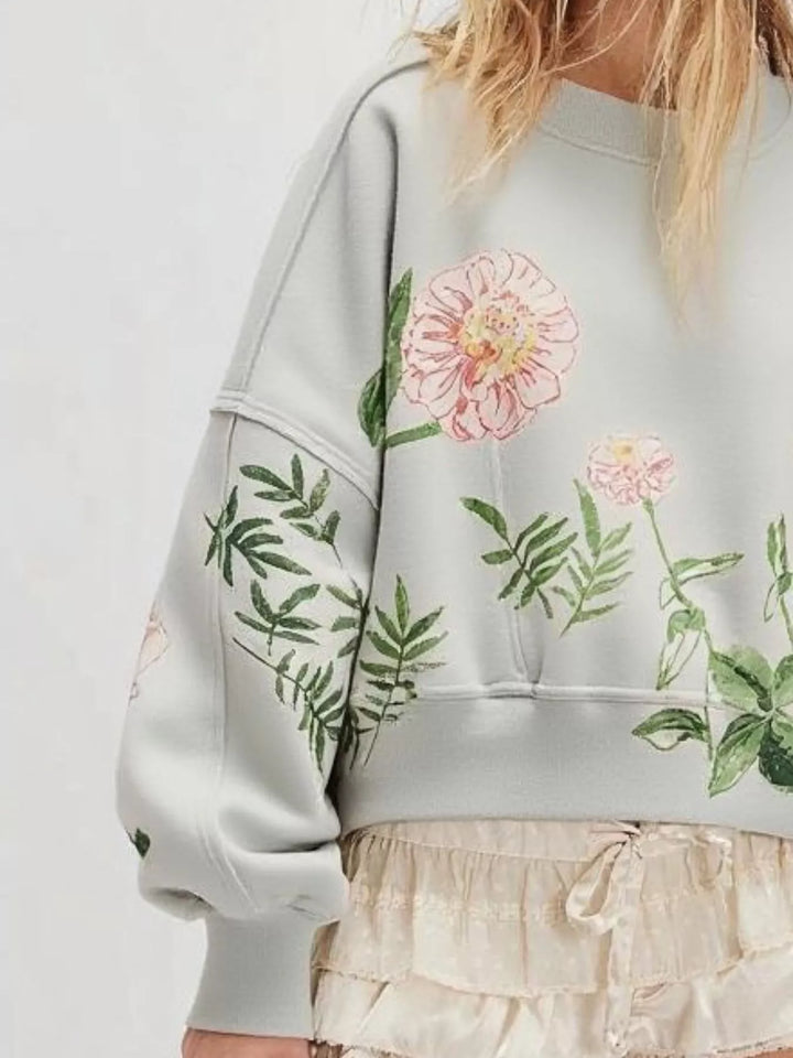 Printed Round Neck Dropped Shoulder Sweatshirt | Sweatshirts Daverri Fashions