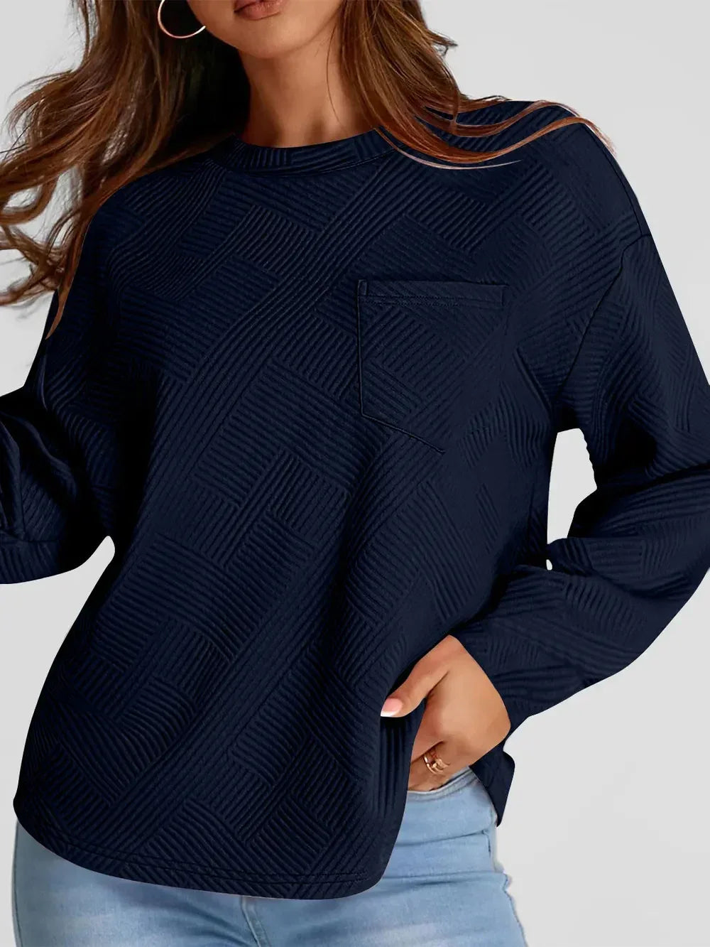 Full Size Texture Round Neck Long Sleeve Sweatshirt - DAVERRI FASHIONS