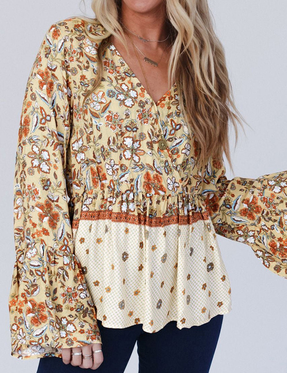 Yellow Printed Floral Bell Sleeve V Neck Wrapped Contrast Peplum Blouse