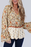 Women’s yellow printed floral bell sleeve V-neck peplum blouse