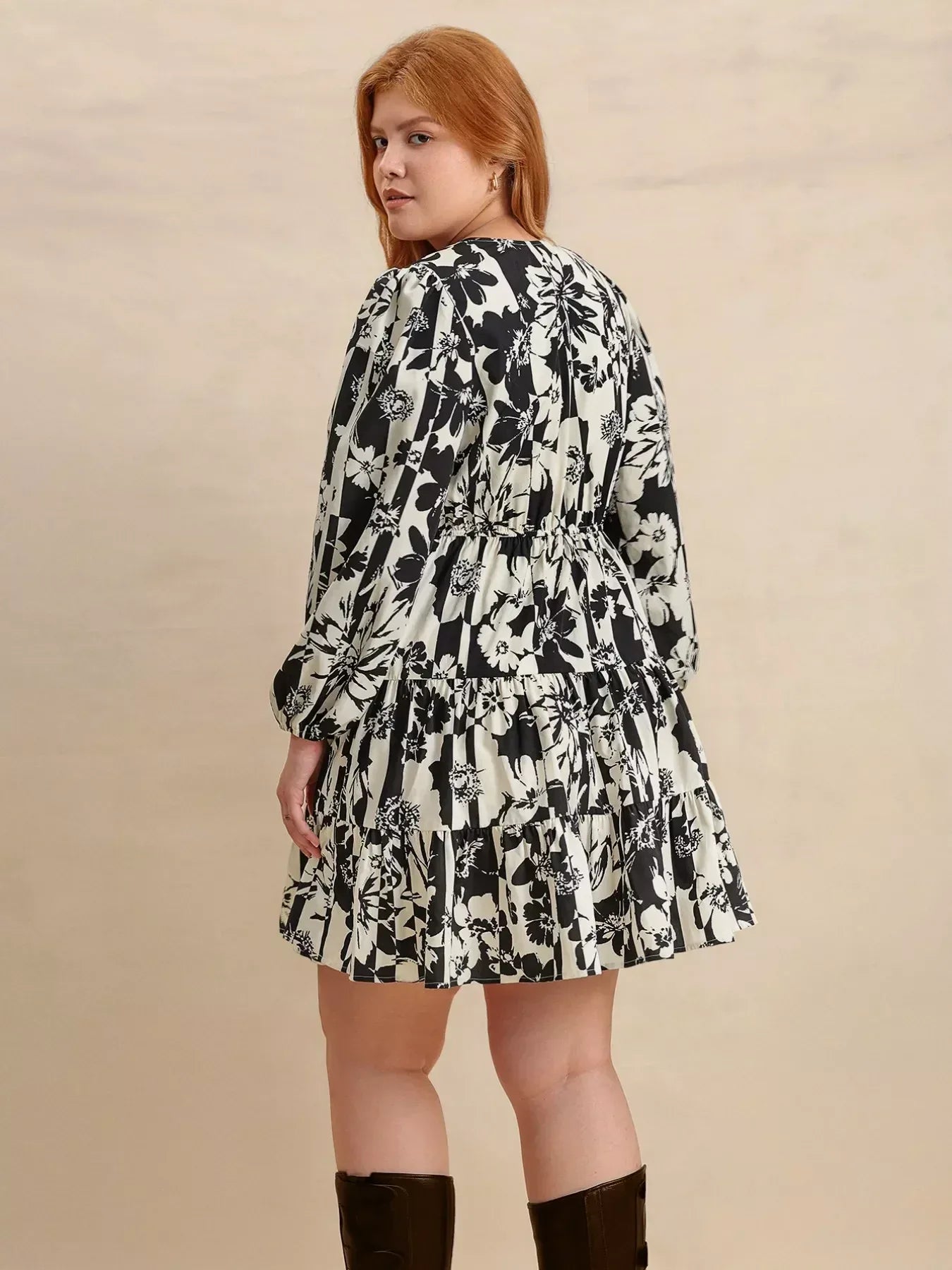 Plus Size Printed V-Neck Long Sleeve Mini Dress - DAVERRI FASHIONS