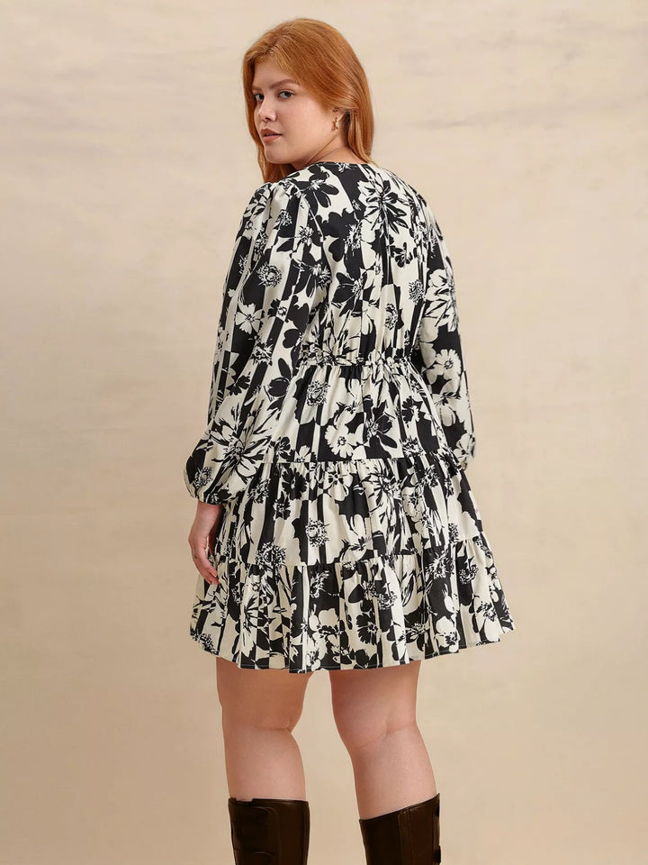 Plus Size Printed V-Neck Long Sleeve Mini Dress | Mini Dresses Daverri Fashions