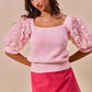 Pink SO ME rosette sleeves square neck knit top with rose embellishments