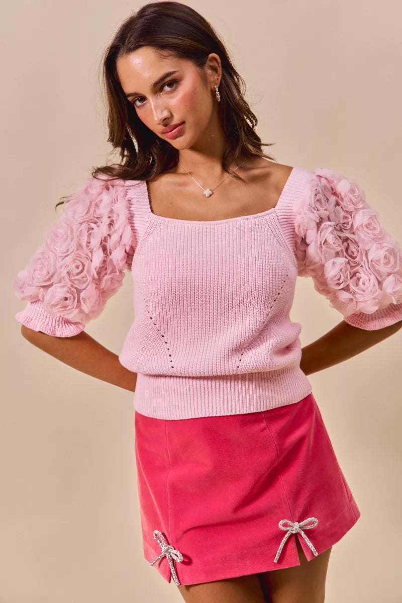 Pink SO ME rosette sleeves square neck knit top with rose embellishments