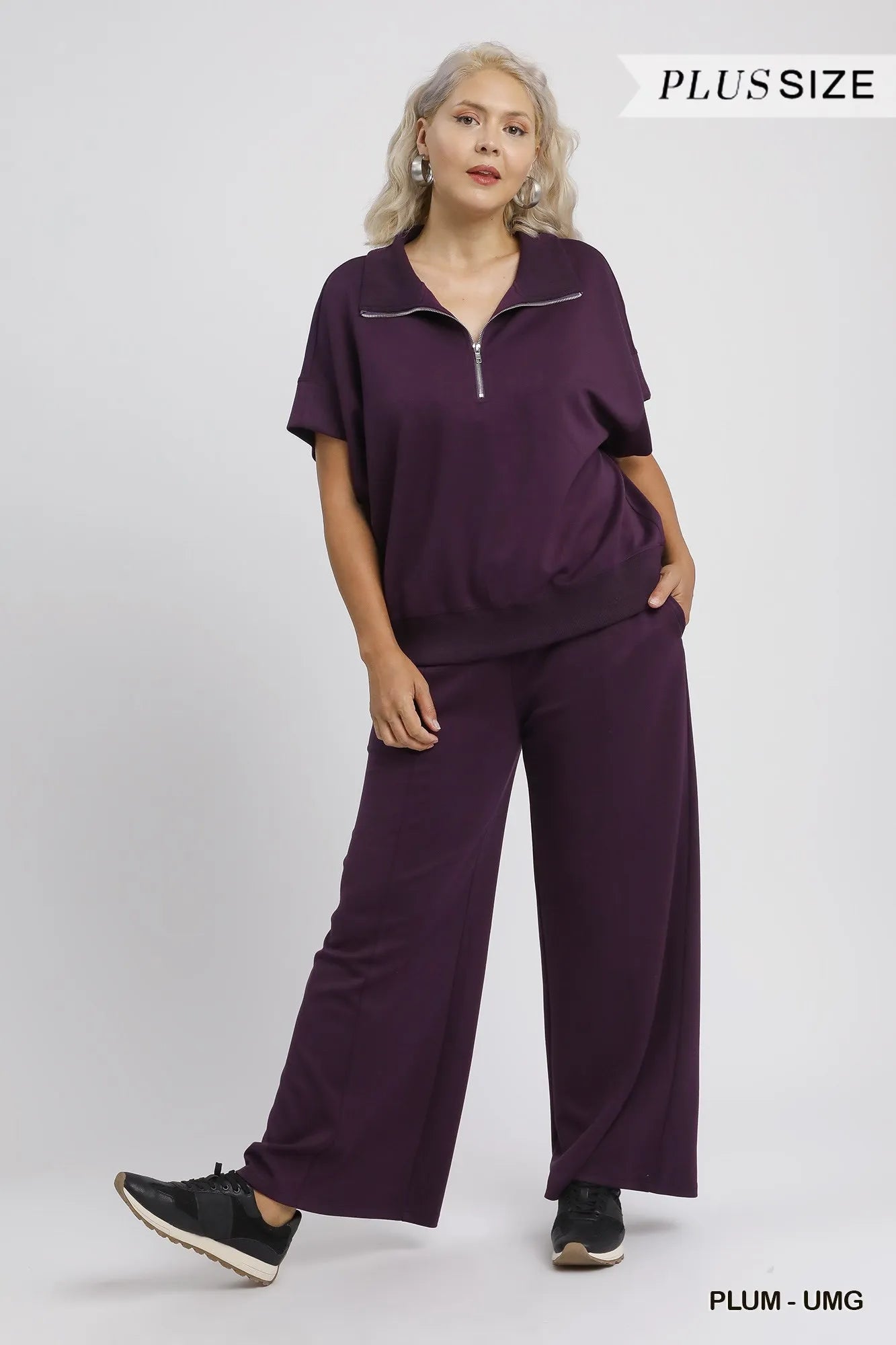 Umgee Full Size Half-Zip Short Sleeve Top Plus Size Tops