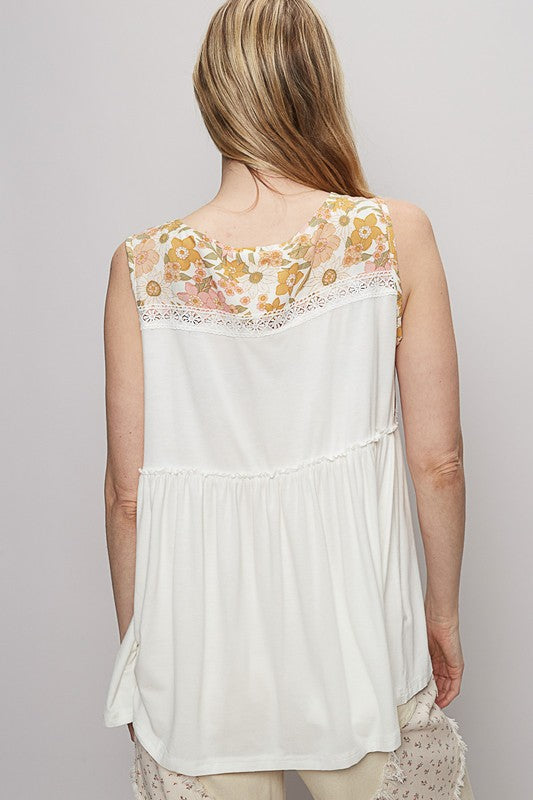 POL Lace Detail Frill Floral V-Neck Sleeveless Top