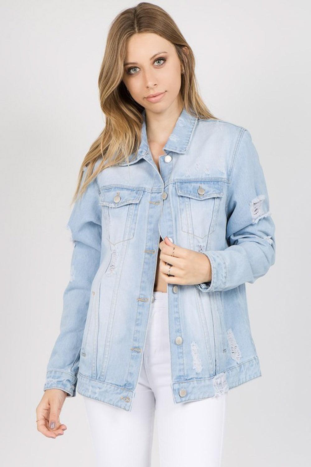 American Bazi Letter Patched Distressed Denim Jacket Jackets