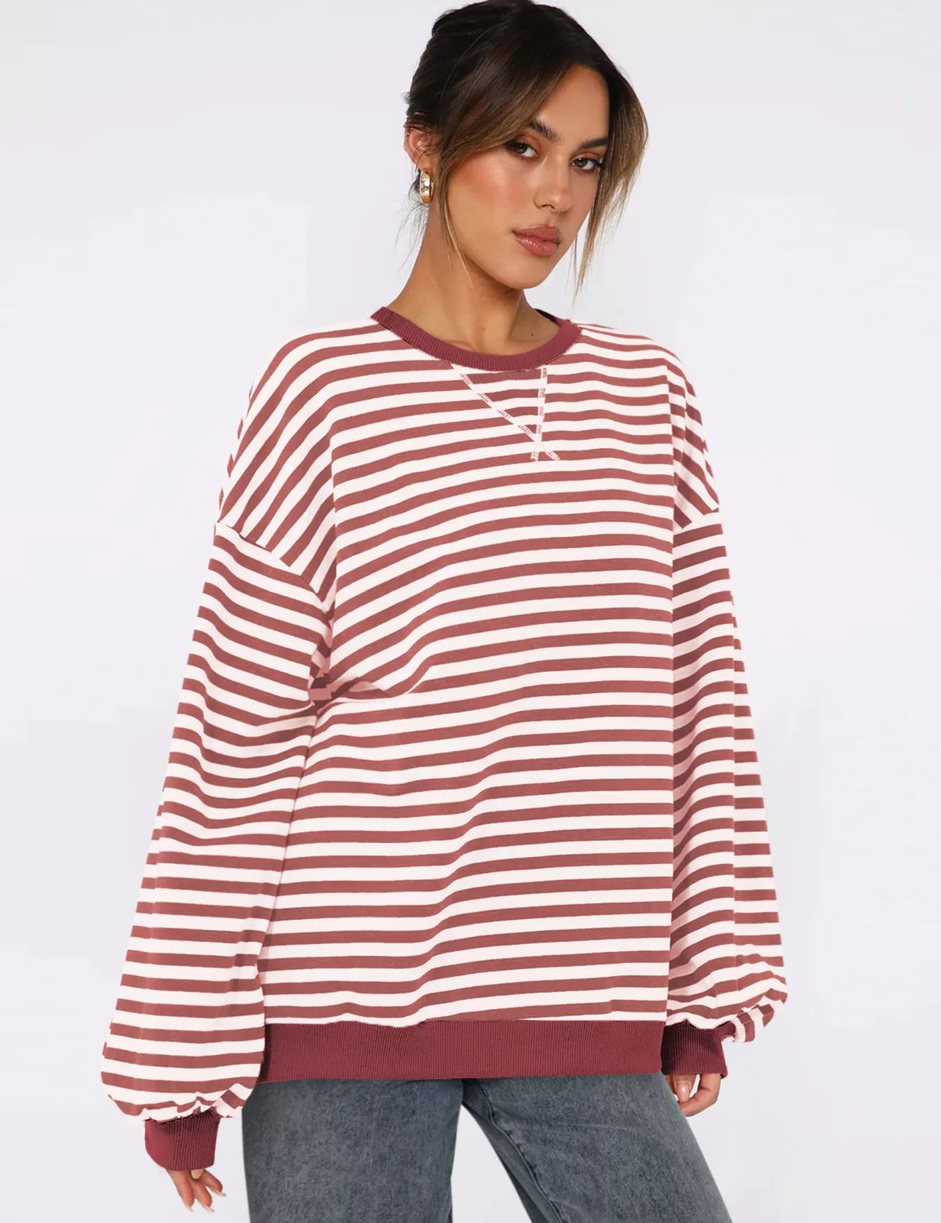 Scarlet Striped Round Neck Long Sleeve Sweatshirt | Sweatshirts Daverri Fashions
