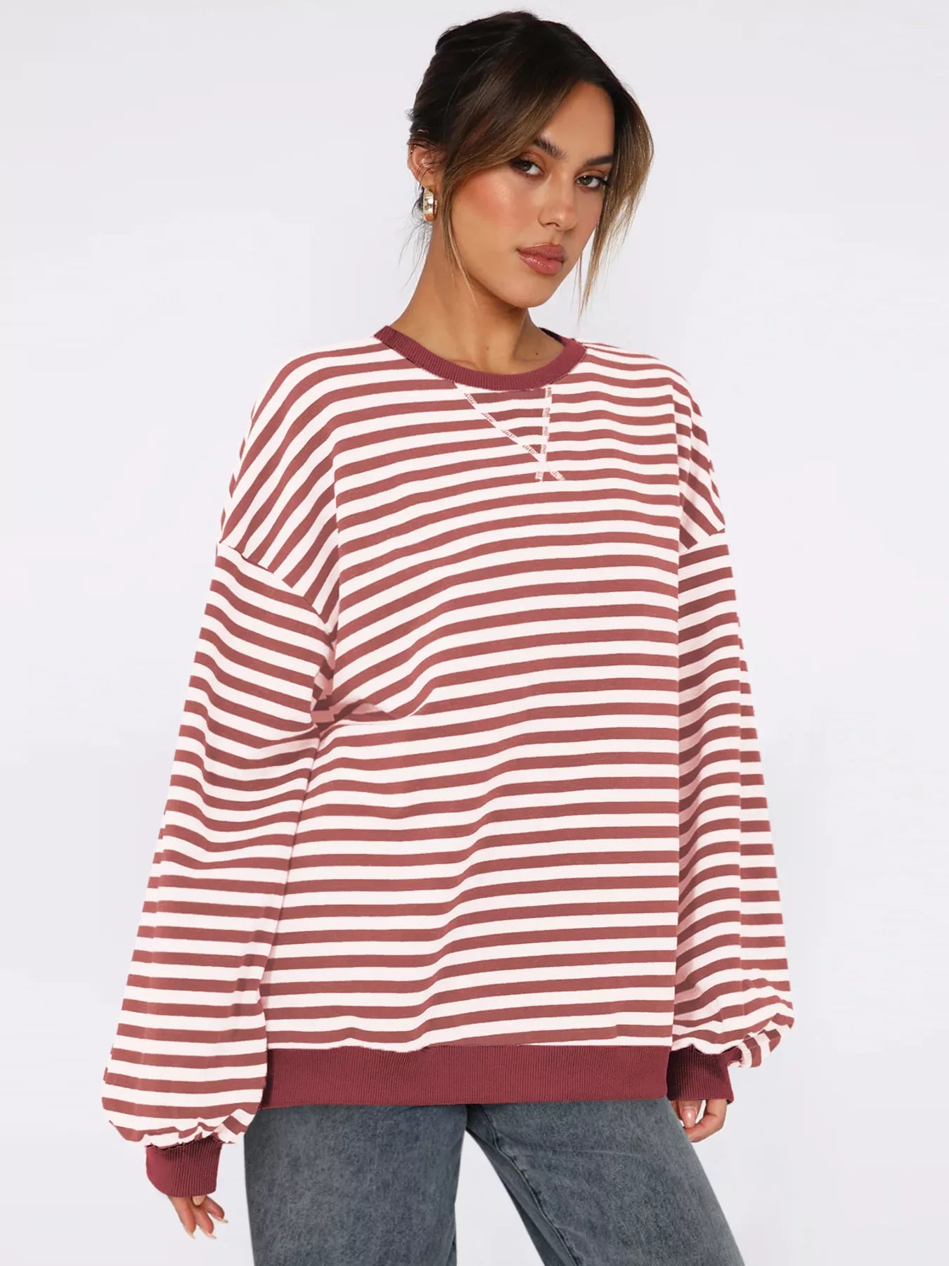 Scarlet Striped Round Neck Long Sleeve Sweatshirt | Sweatshirts Daverri Fashions