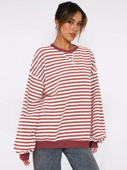 Striped Round Neck Long Sleeve Sweatshirt - DAVERRI FASHIONS