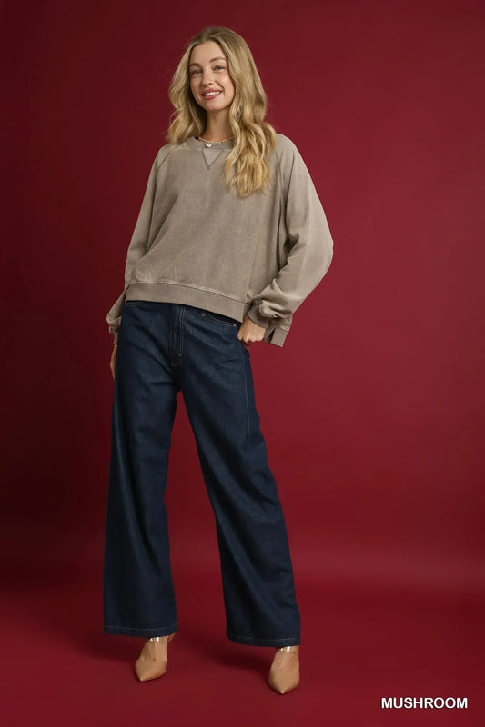 Umgee Mineral Wash French Terry Sweatshirt - DAVERRI FASHIONS