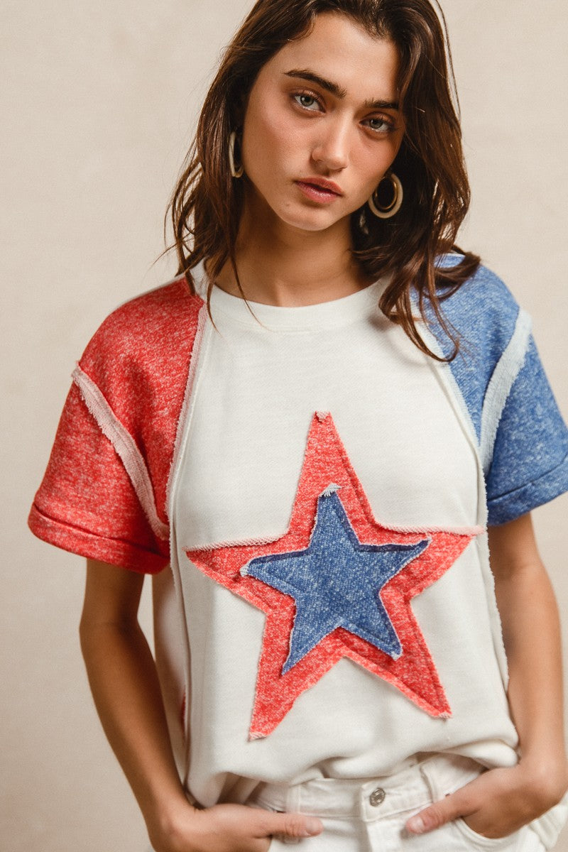 BiBi Fourth of July t-shirt with star embroidery and contrast panels