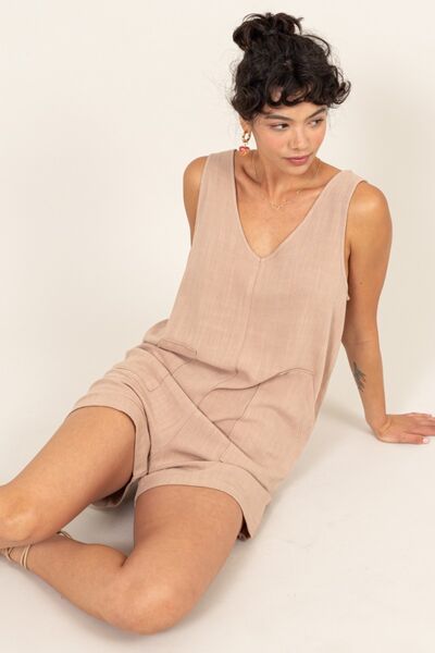 HYFVE V-Neck Sleeveless Romper with Pockets Tan Rompers