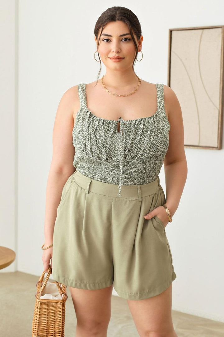 Zenobia Plus Size Half Elastic Waist Shorts with Pockets Sage Plus Shorts