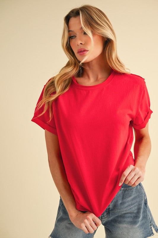 Aemi + Co Exposed Seam Round Neck Short Sleeve T-Shirt Red T-Shirts