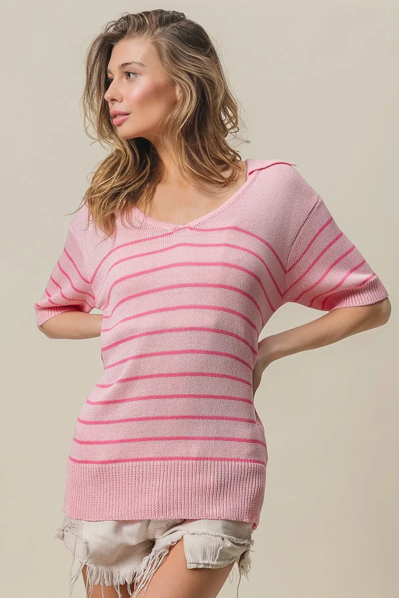 BiBi Stripe Short Sleeves Collared V Neck pink striped knit sweater