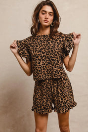BiBi leopard print waffle texture ruffle sleeve romper