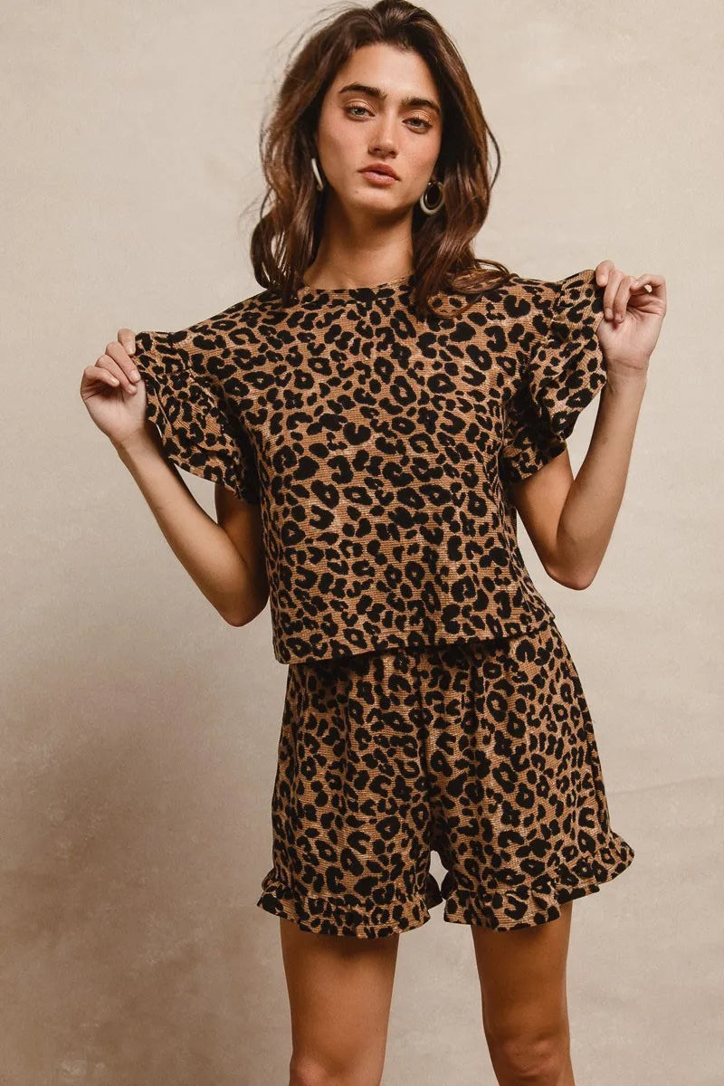 BiBi leopard print waffle texture ruffle sleeve romper