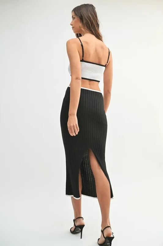 MABLE Black Ribbed Knit Color Block Cutout Midi Dress Midi Dresses