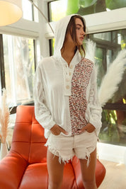BiBi Slub Jersey with Lace Combo Buttoned Hoodie Top | Hoodies Daverri Fashions