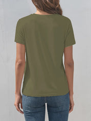 Olive green v-neck short sleeve t-shirt with jeans